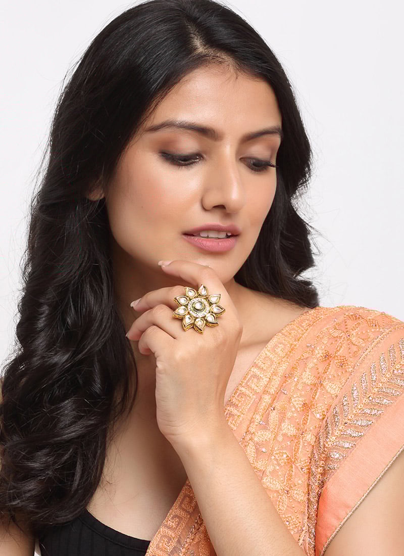Indian Traditional In Golden Plated Kundan And Stone Hand Ring Party Wear