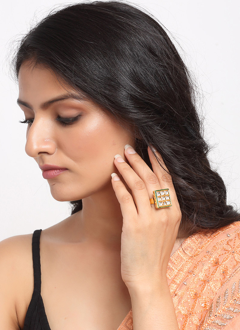 Indian Traditional In Golden Plated Kundan And Stone Hand Ring Party Wear