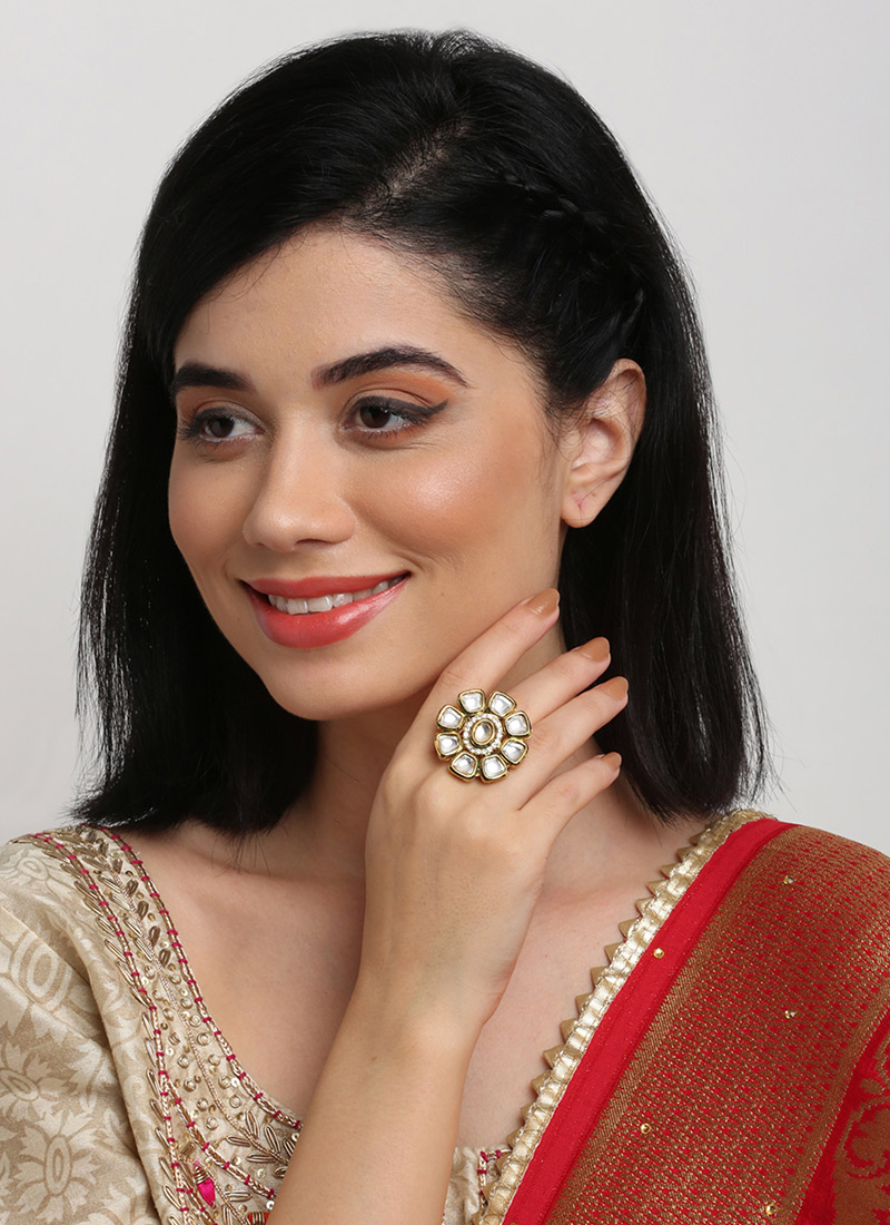 Indian Traditional In Golden Plated Kundan And Stone Hand Ring