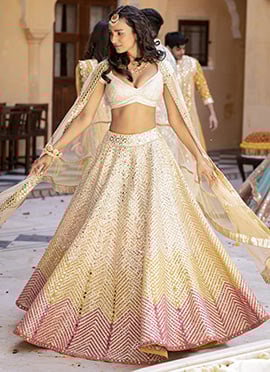 Indian Umbrella Lehenga Bridesmaid In Cream Satin Embroidered Mirror Work