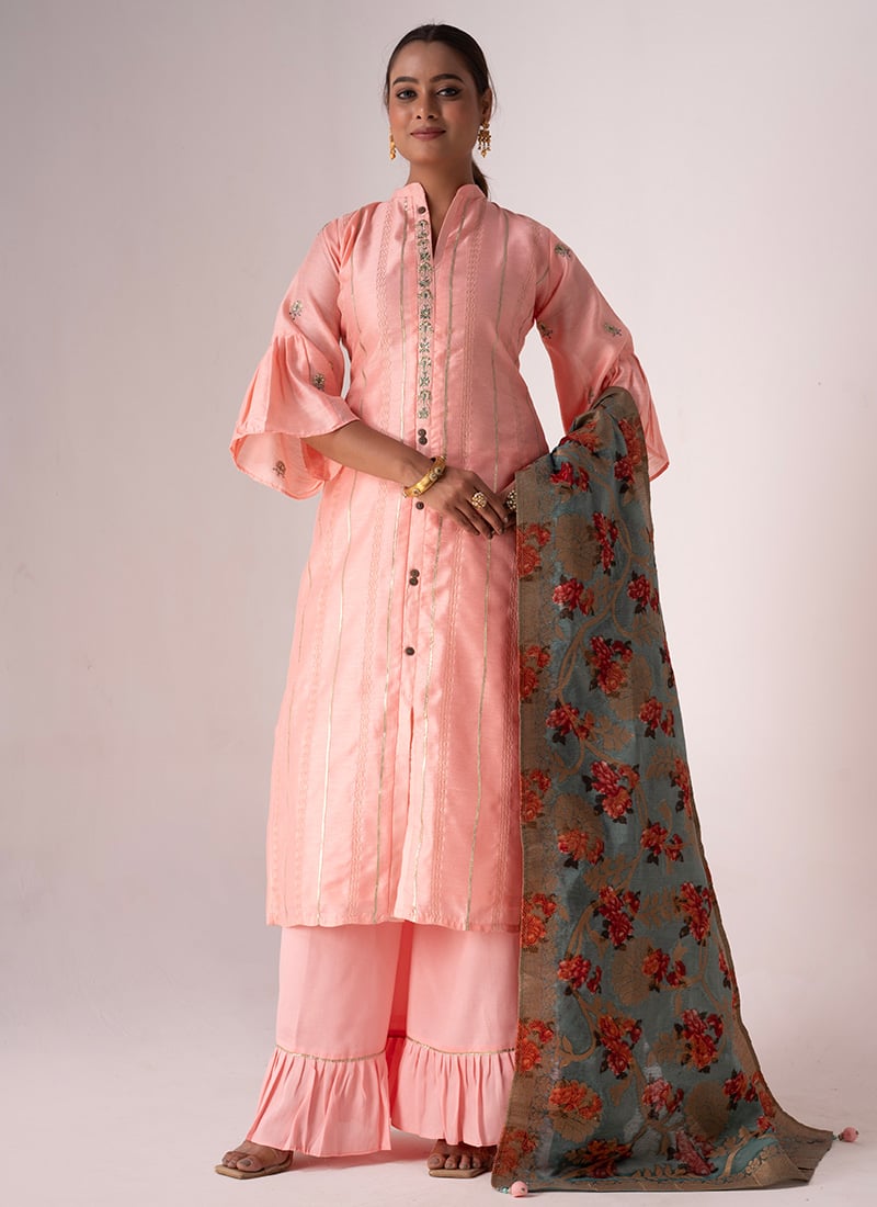 Indian Wear Pink Tusser Silk Embroidered Palazzo Suit With Dupatta Party Wear