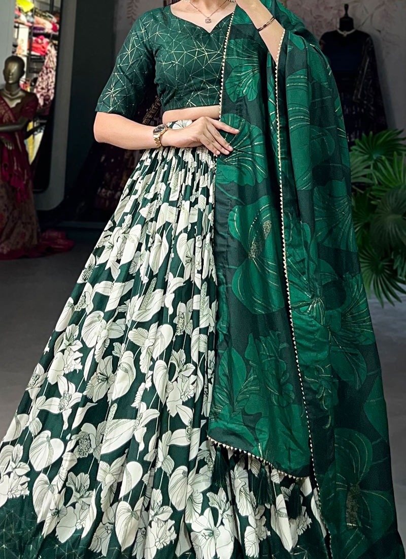 Green Tussar Silk With Bandhej Print Lehenga Choli With Dupatta
