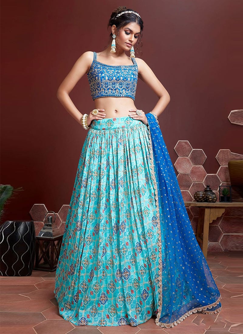 Indian Women Umbrella Lehenga In Blue Silk Zari Embroidered Sequins Party Wear
