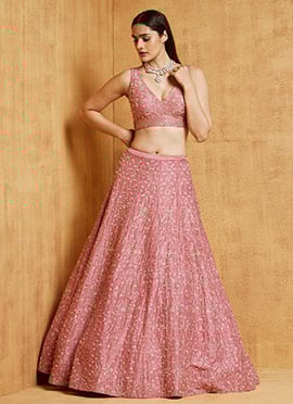 Indian Women Umbrella Lehenga In Pink Satin Embroidered Sequins