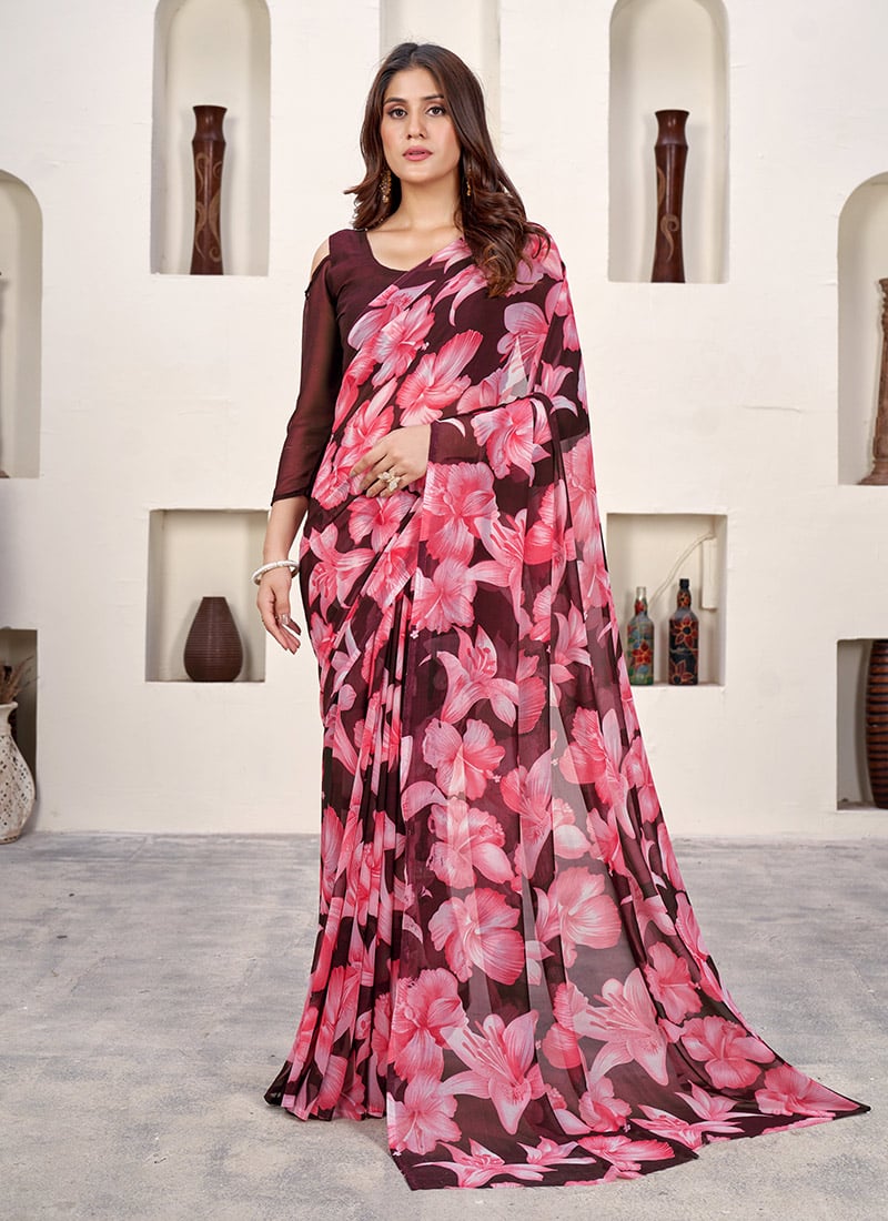 Indian Women Wine Faux Georgette Floral Print Saree After Six Wear