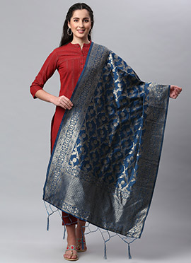 Indigo Blue Benarasi Silk Jacquard Woven Dupatta