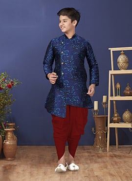 Indigo Blue Jacquard Silk Boys Indowestern Sherwani