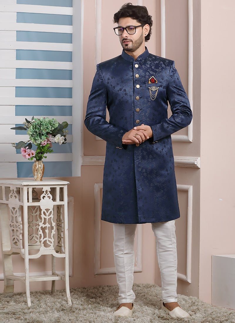 Indigo Blue Jacquard Silk Classic Sherwani Wedding Wear