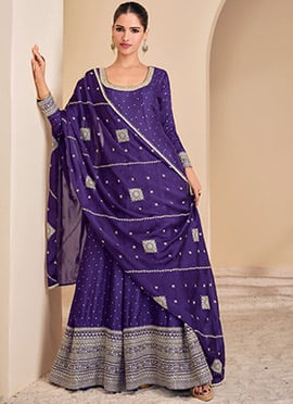 Indigo Blue Jacquard Silk Embroidered Sequins Anarkali Suit
