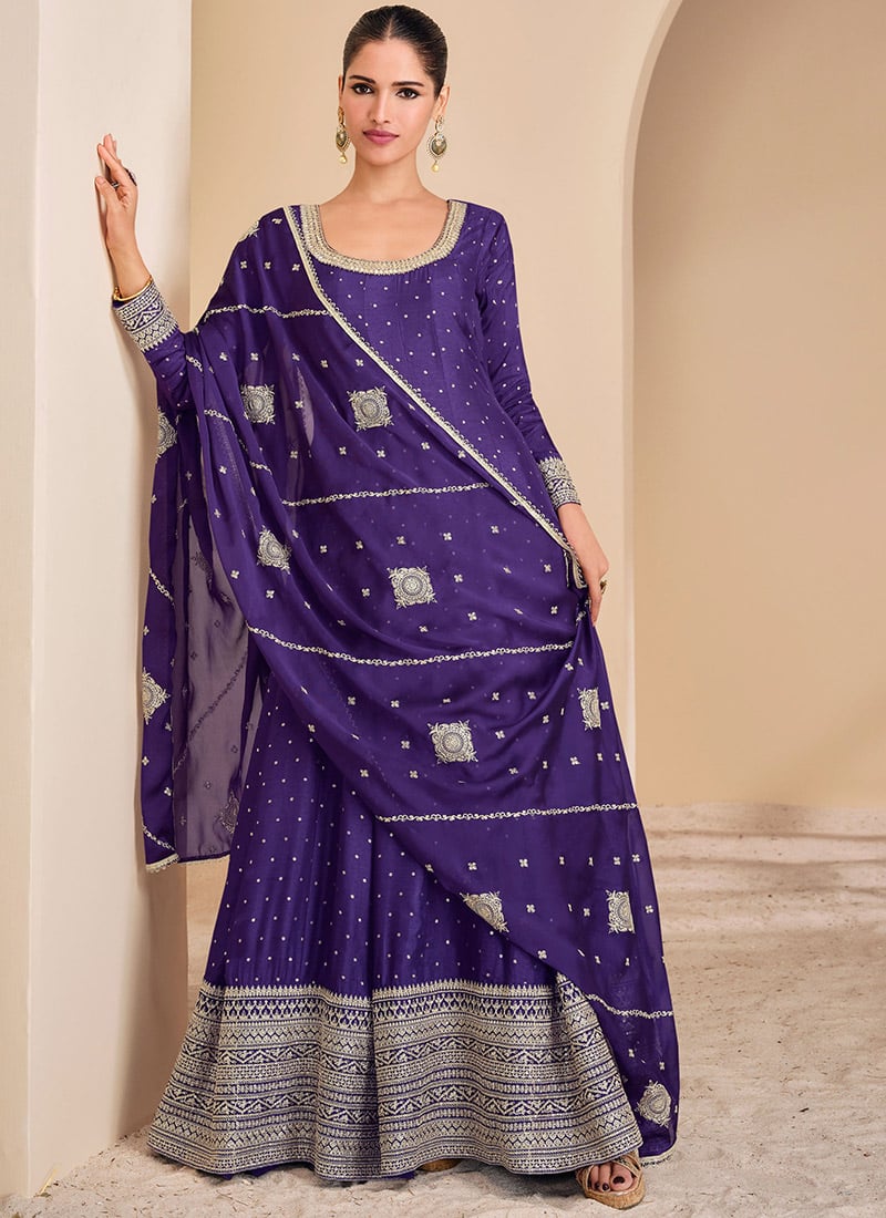 Indigo Blue Jacquard Silk Embroidered Sequins Anarkali Suit Festive Wear