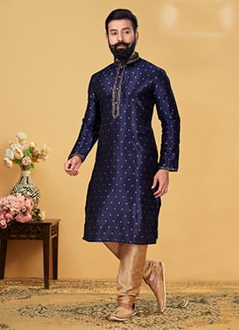 Indigo Blue Jacquard Silk Kurta Pyjama