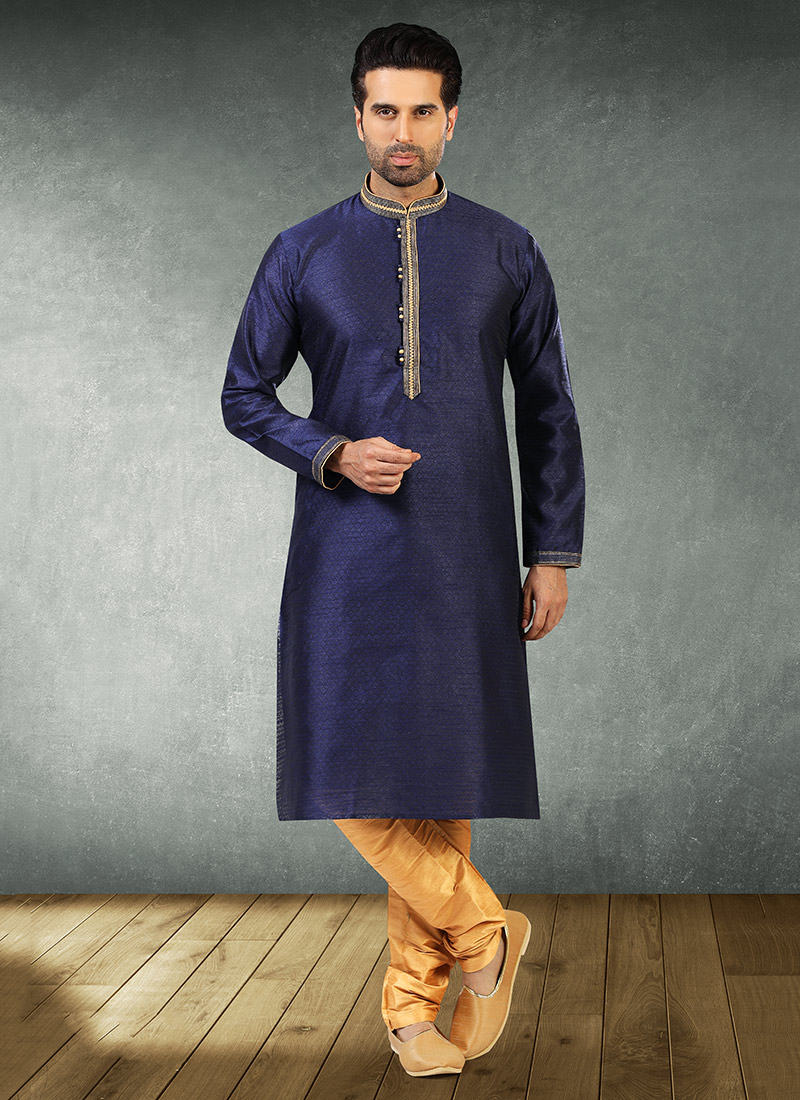 Indigo Blue Jacquard Silk Pintux Kurta Pyjama