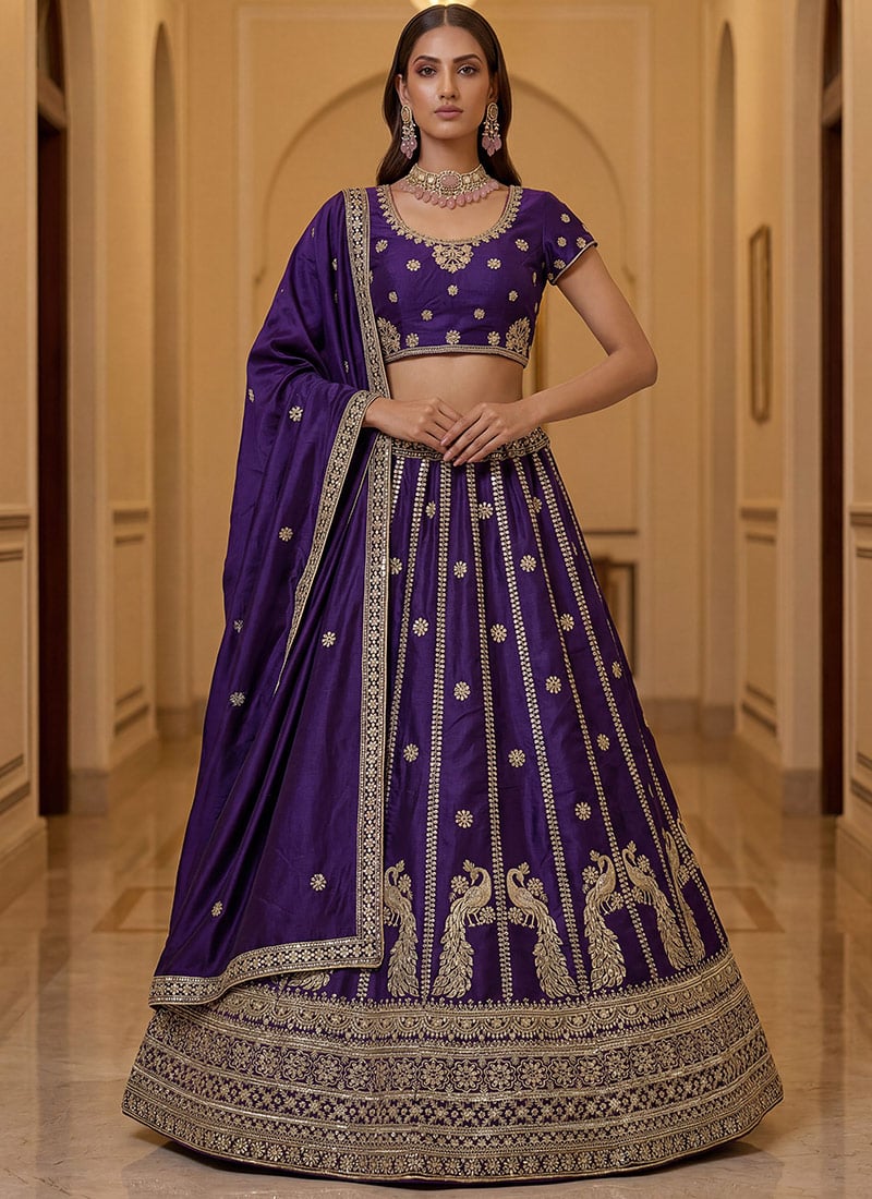 Indigo Blue Silk Zari Embroidered Sequins Lehenga Wedding Wear
