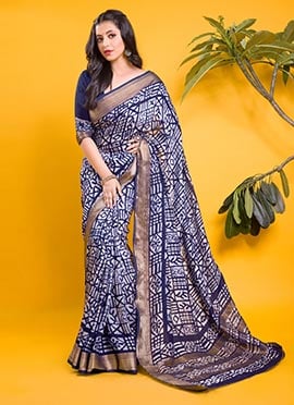 Indigo Printed Blue Chanderi Silk Saree