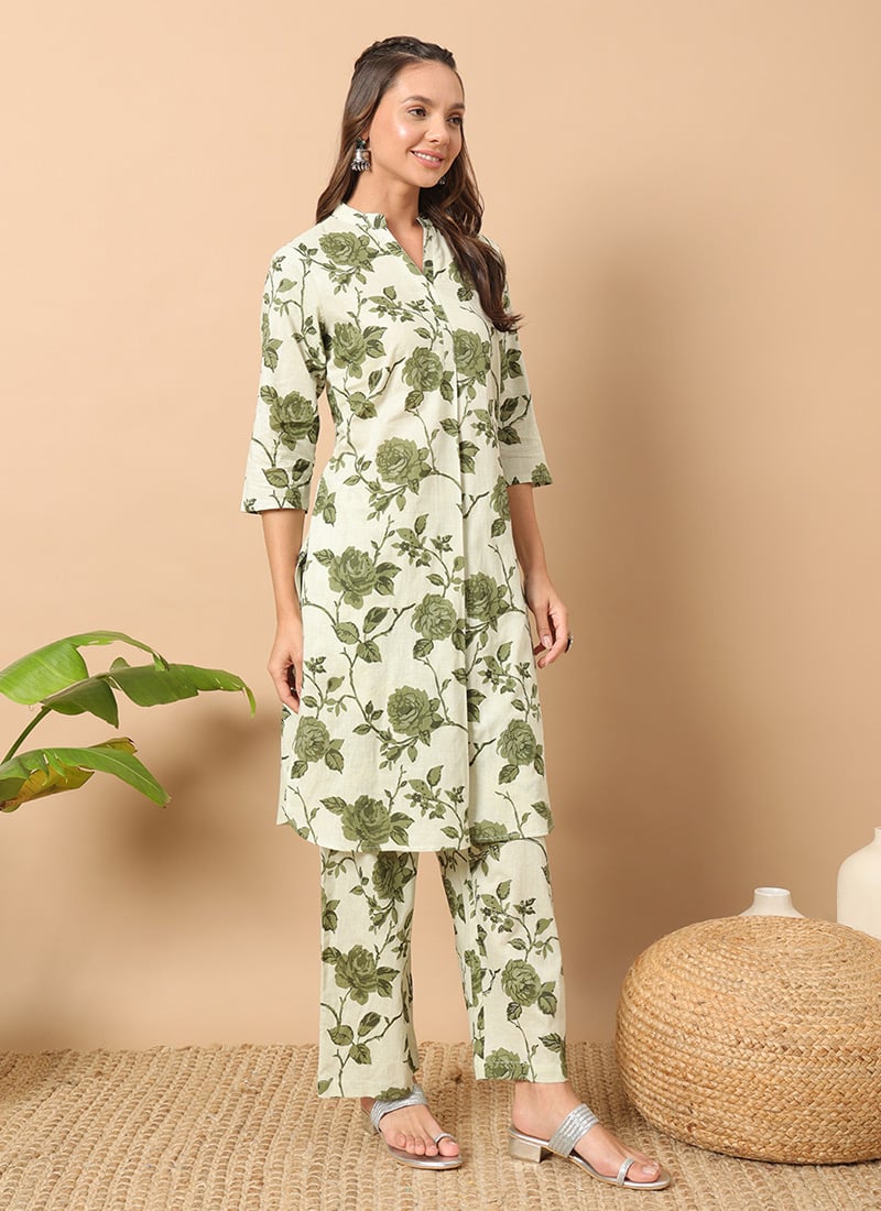Indowestern Co ord Sets In Cream Cotton Floral Printed With Straight Pants After Six Wear