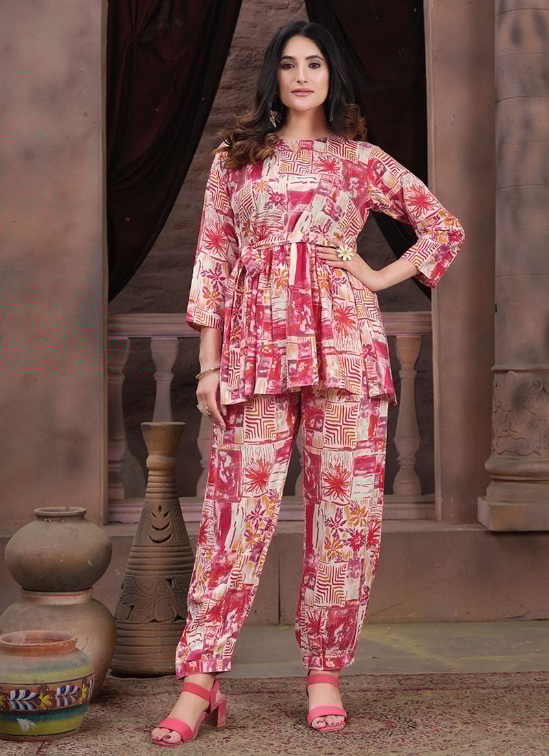 Indowestern Co ord Sets In Pink Rayon Printed For Stylish Women