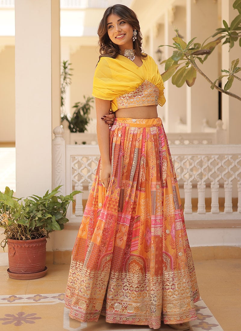 Indowestern Russian Silk Digital Print Embroidered Mustard Skirt Set Party Wear