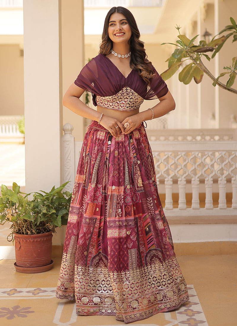 Indowestern Russian Silk Digital Print Embroidered Wine Skirt Set Party Wear