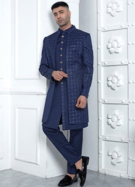 Indowestern Splendor Blue Silk Sherwani With Sequins And Embroidery
