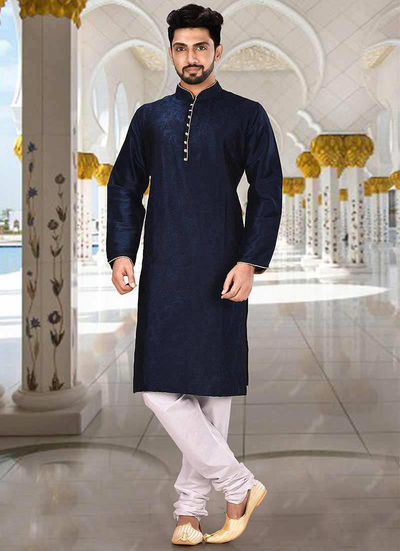 Ink Blue Dupion Art Silk Machine Embroidered Kurta Pyjama