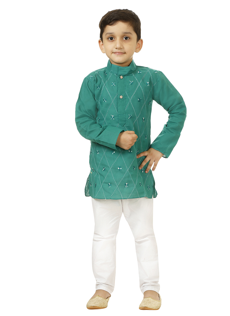 Intricate Blended Cotton Kids Boys Kurta Pyjama