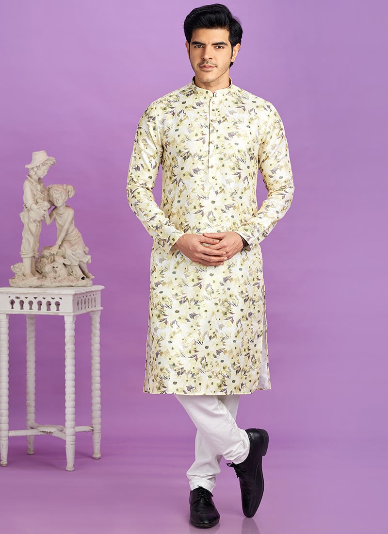 Intricate Blended Cotton Printed Kurta Pyjama Festive Wear