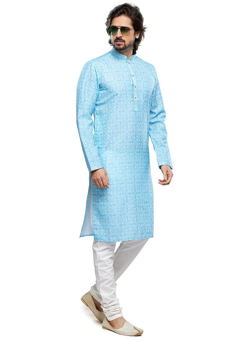 Intricate Blended Cotton Printed Thread Kurta Pyjama Party Wear