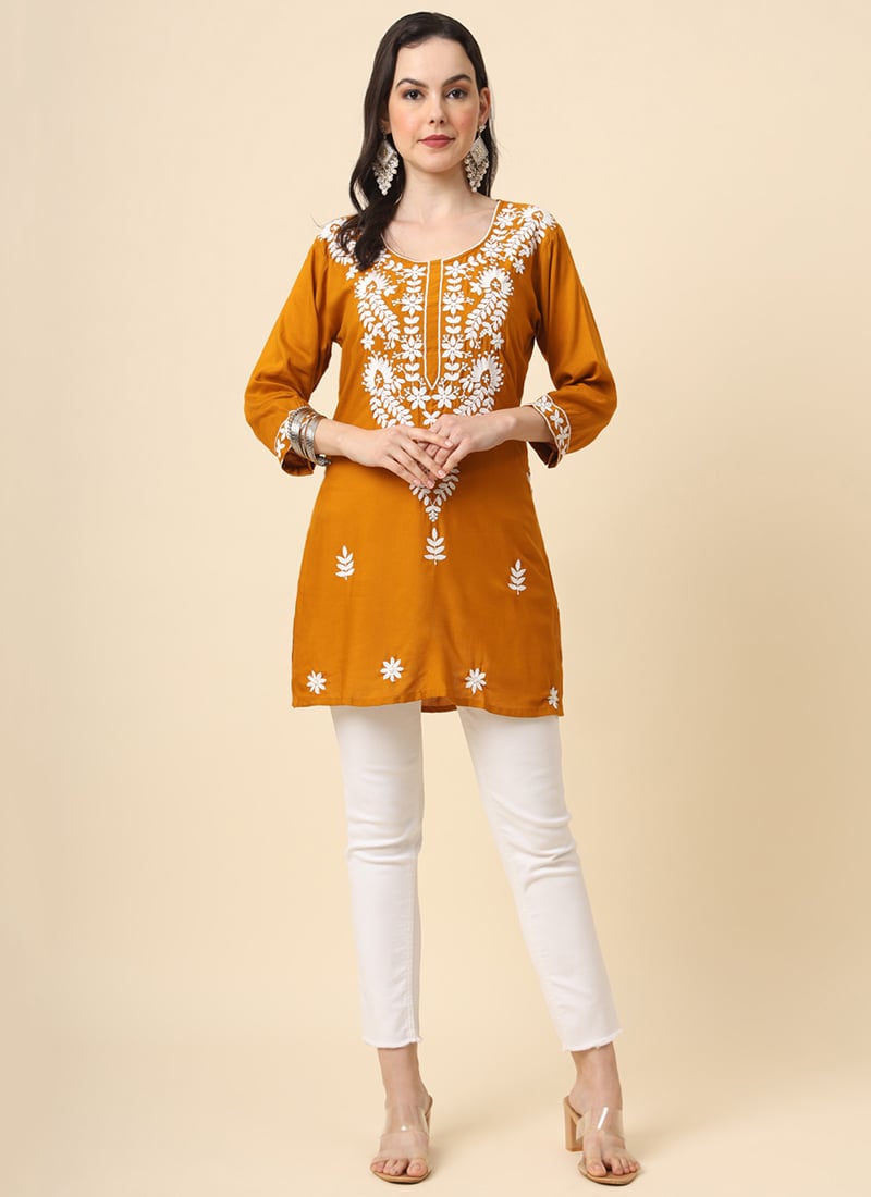 Intricate Rayon Embroidered Short Kurti