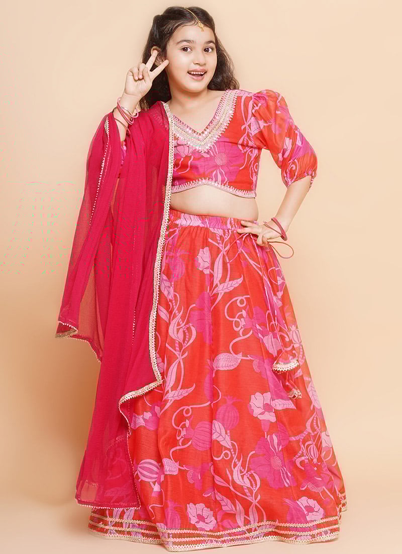 Intricate Silk Printed Kids Girls Umbrella Lehenga