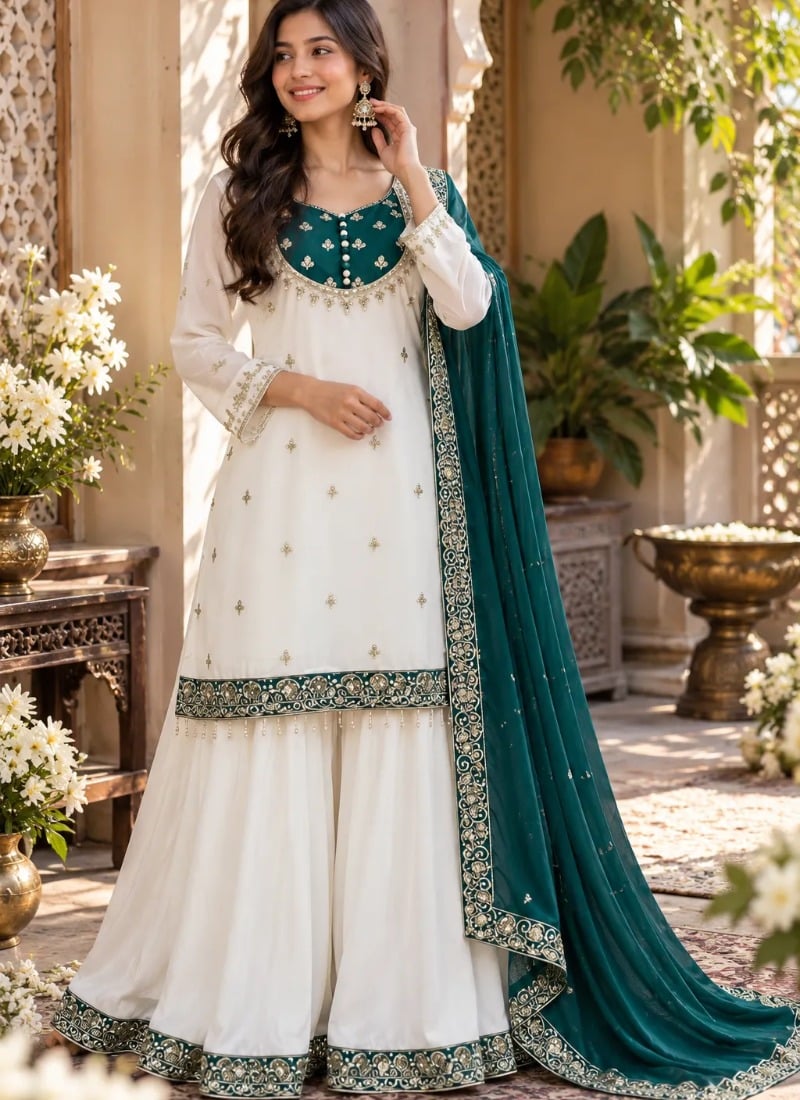 Ivory and Deep Green Sequins Embroidered Chinon Palazzo Suit After Six Wear