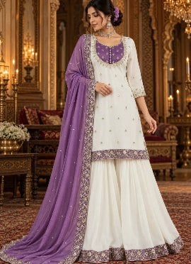 Ivory and Purple Sequins Embroidered Chinon Palazzo Suit