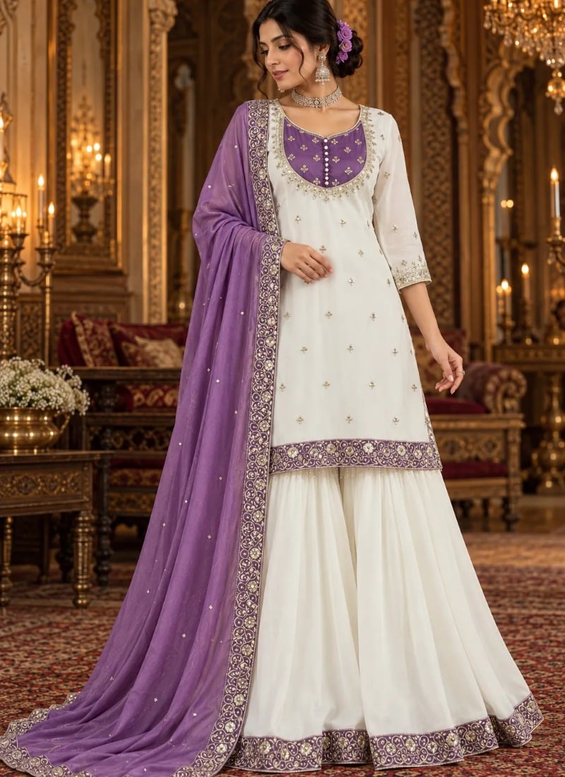 Ivory and Purple Sequins Embroidered Chinon Palazzo Suit After Six Wear
