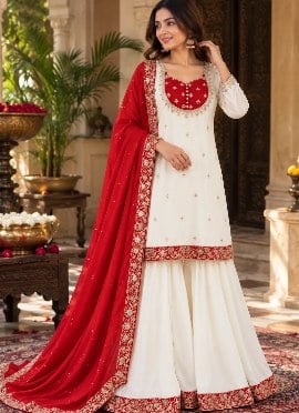 Ivory and Red Sequins Embroidered Chinon Palazzo Suit