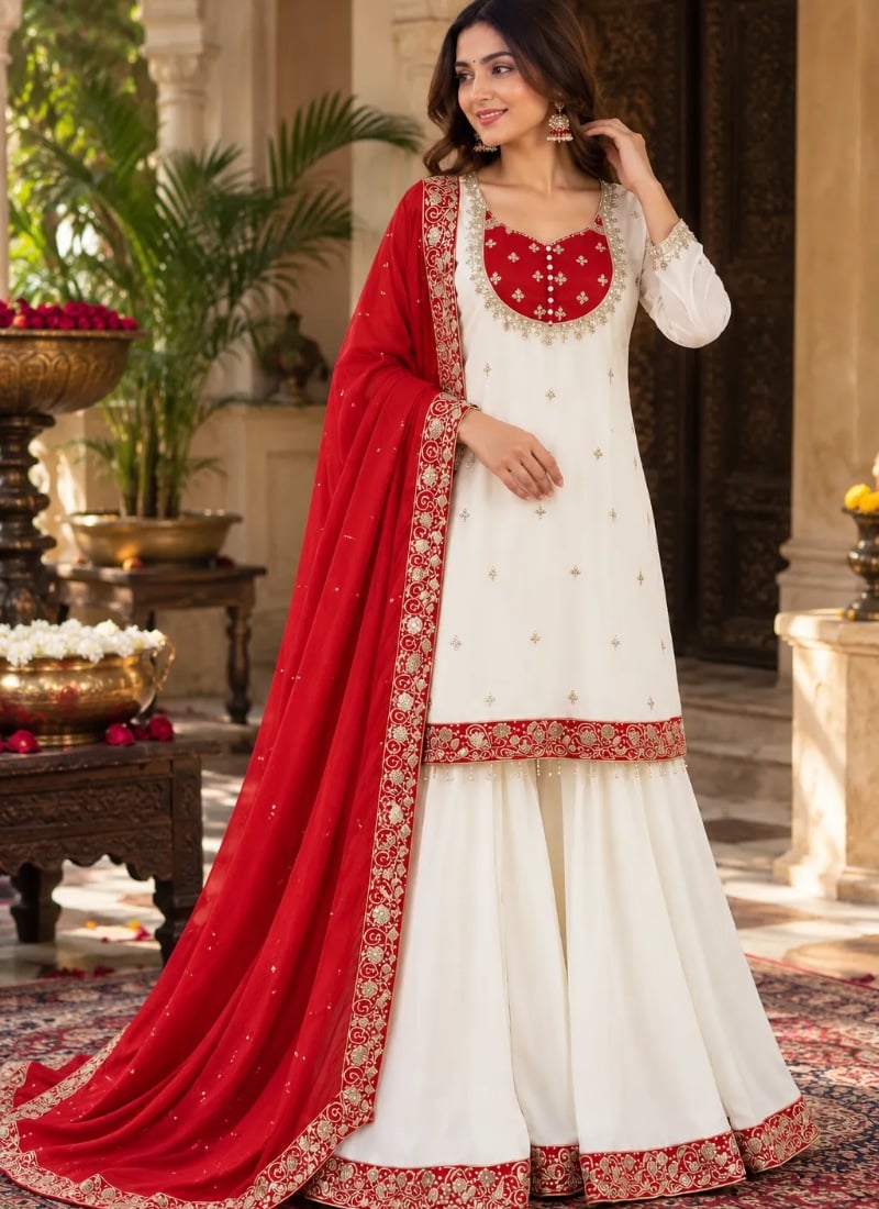 Ivory and Red Sequins Embroidered Chinon Palazzo Suit After Six Wear