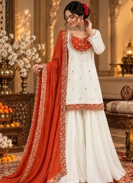 Ivory and Rust Orange Sequins Embroidered Chinon Palazzo Suit