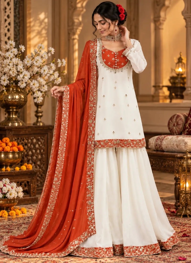 Ivory and Rust Orange Sequins Embroidered Chinon Palazzo Suit After Six Wear