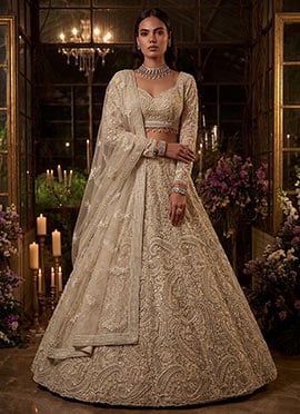 Ivory Beige Net Embroidered Sequins With Beads Embellished Lehenga