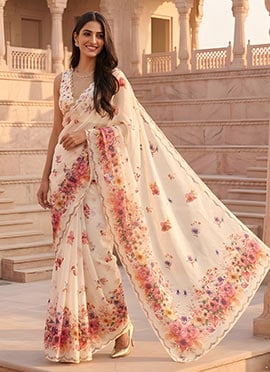 Ivory Cream Cotton Printed Saree