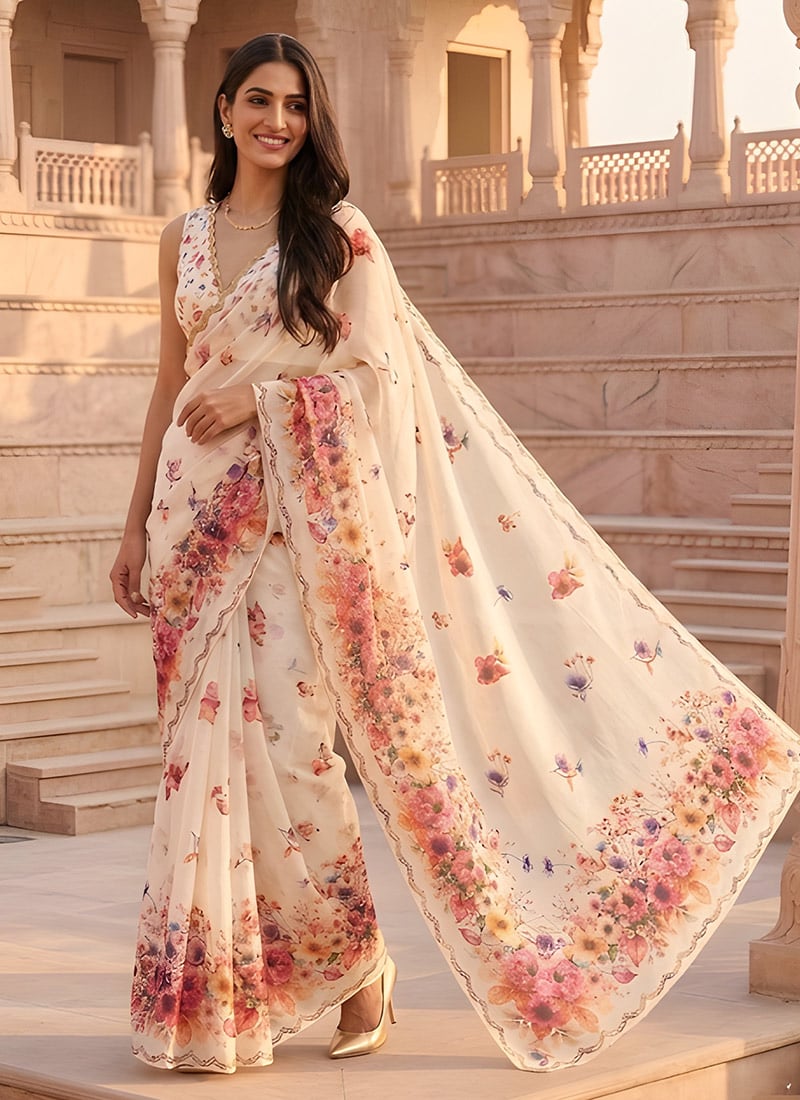 Ivory Cream Cotton Printed Saree Festive Wear