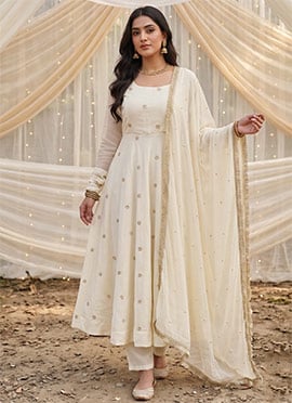 Ivory Cream Crepe Silk Embroidered Sequins Beads Anarkali Suit