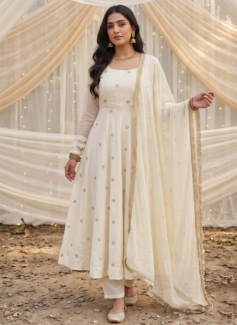 Ivory Cream Crepe Silk Embroidered Sequins Beads Anarkali Suit Festive Wear
