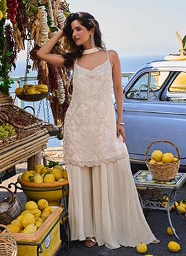 Ivory Cream Georgette Beads Sequins Embroidered Palazzo Suit