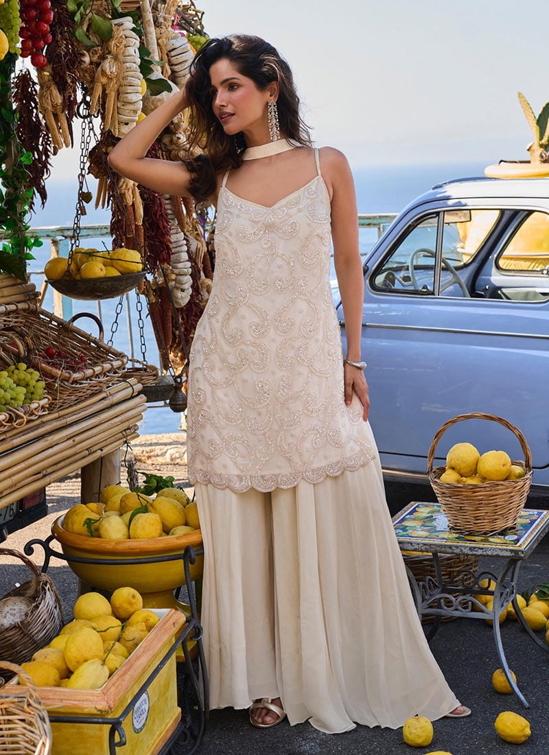 Ivory Cream Georgette Beads Sequins Embroidered Palazzo Suit After Six Wear