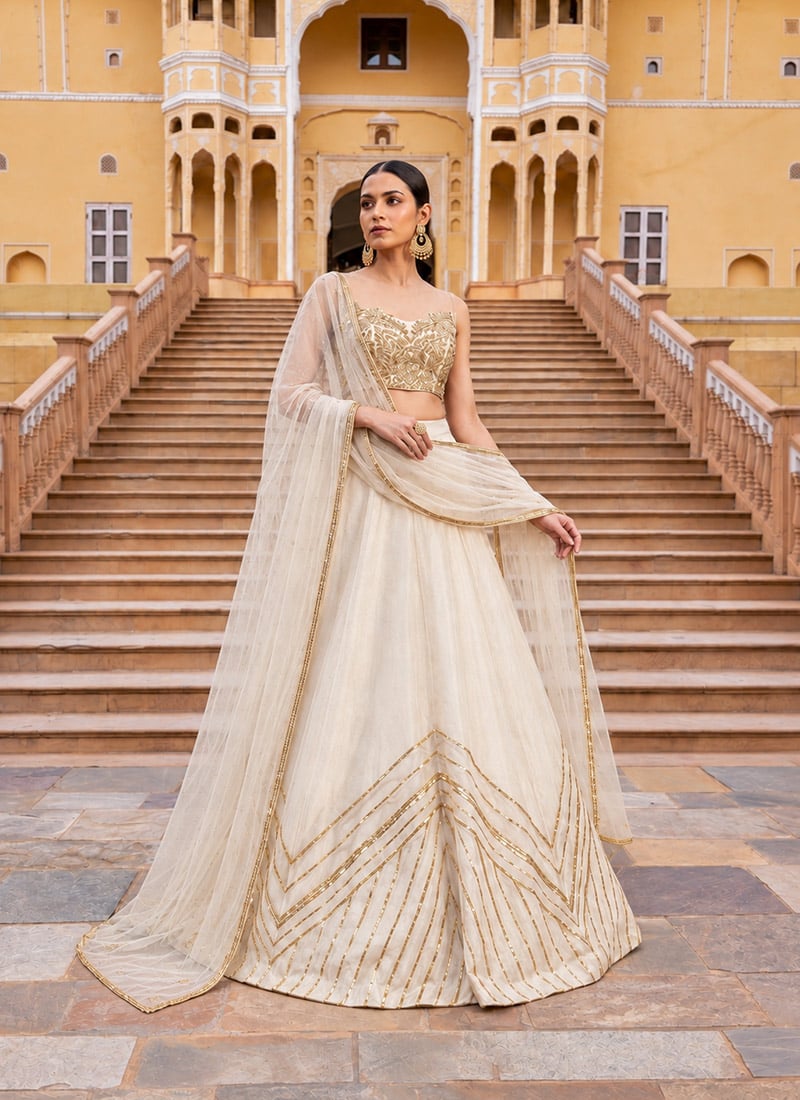 Ivory Cream Organza Cutdana Beads Hand Embroidered Lehenga Festive Wear