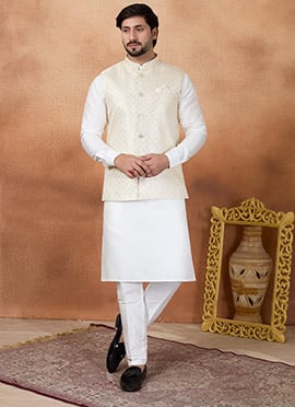 Ivory Cream Satin Blend Jacquard Bandhgala Jacket