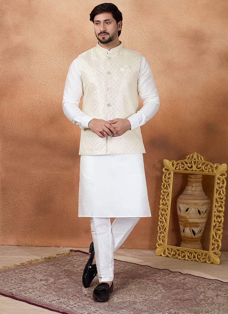 Ivory Cream Satin Blend Jacquard Bandhgala Jacket