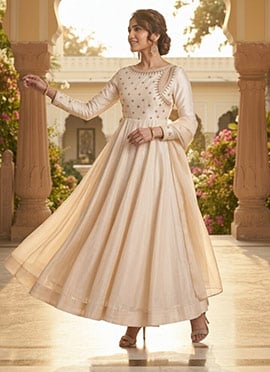 Ivory Cream Zari Beads Embroidered Silk Anarkali Suit