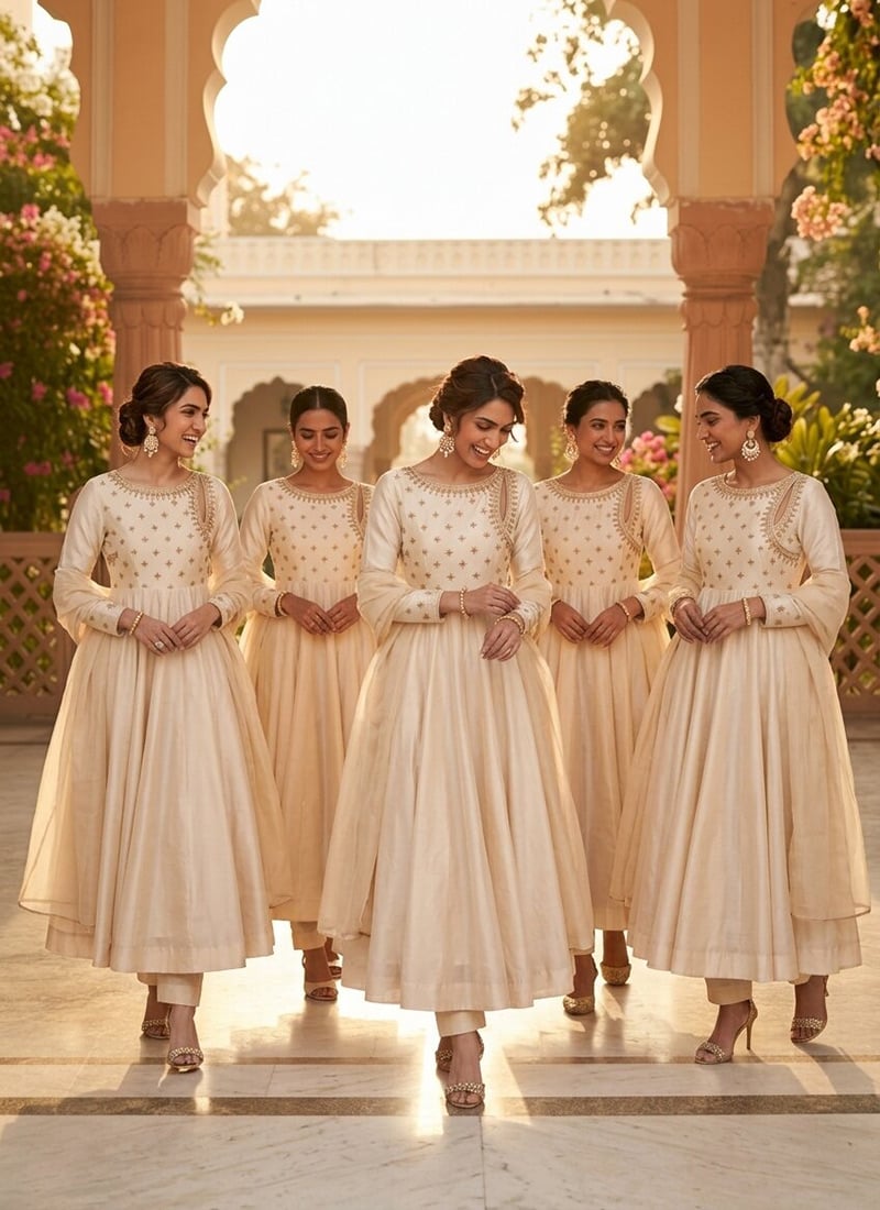 Ivory Cream Zari Beads Embroidered Silk Anarkali Suit Festive Wear