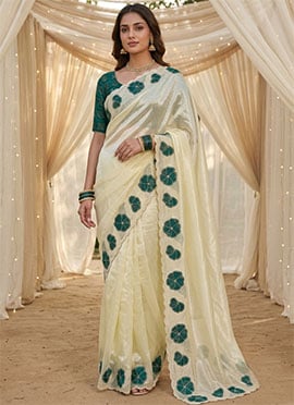 Ivory Embroidered Silk Saree with Sequin Applique Work  Bandhani Blouse