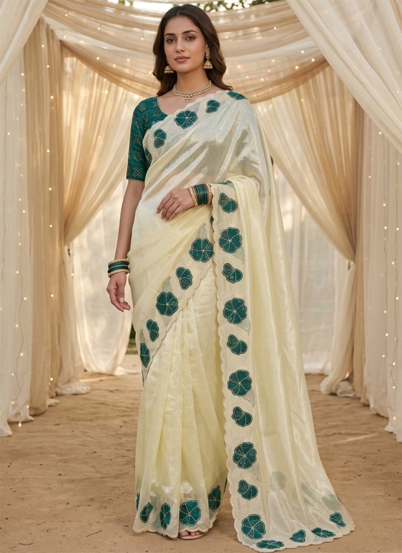 Ivory Embroidered Silk Saree with Sequin Applique Work  Bandhani Blouse Festive Wear